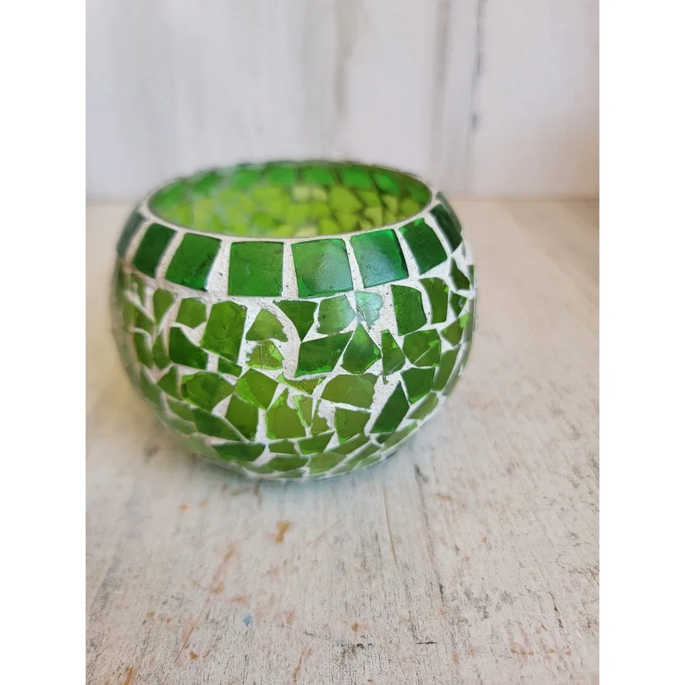 Tea light stained glass green vintage candle holder unique home decor figure
